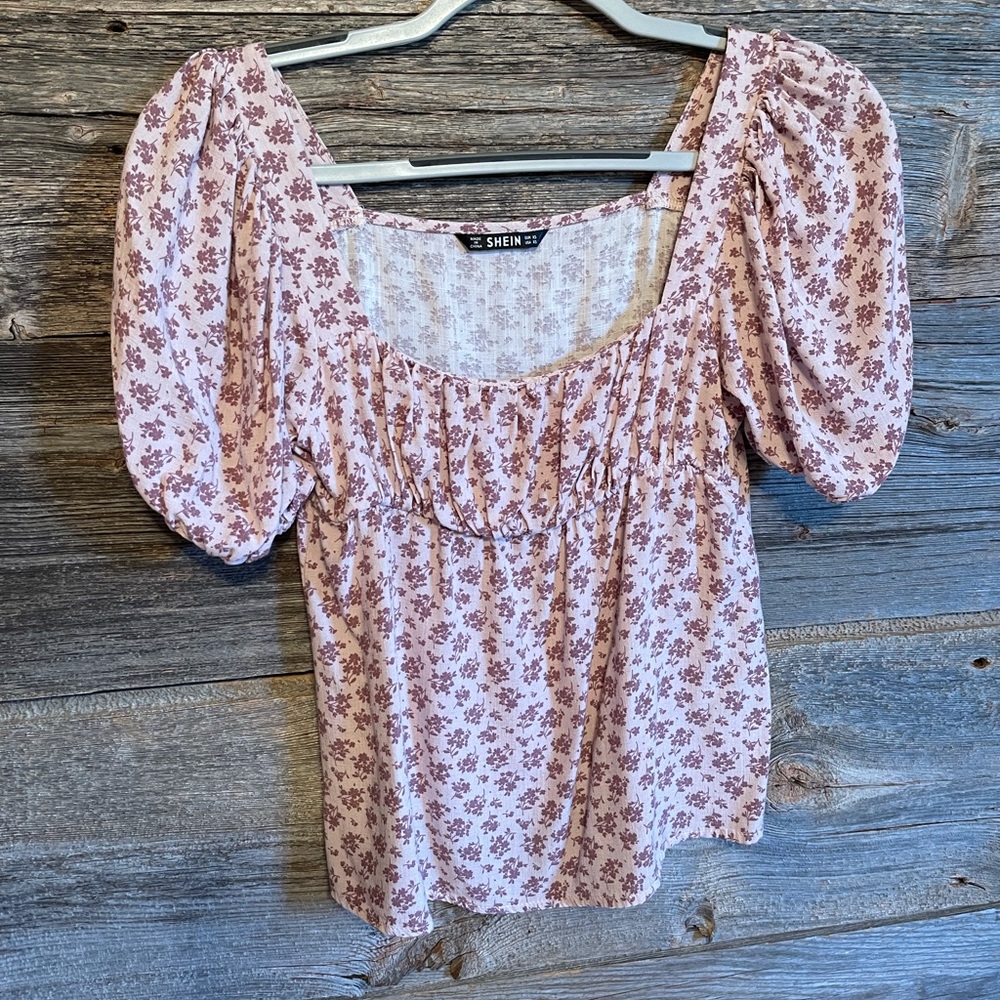 Shein Puff Sleeve Blouse, purple/pink floral print